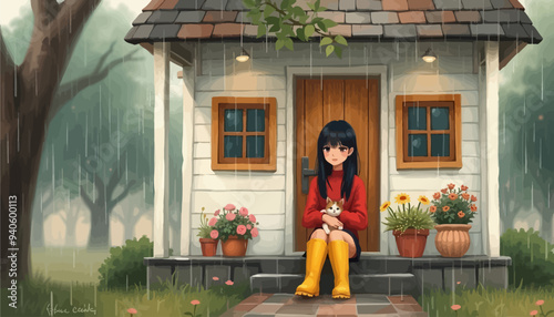 Rainy Day at Home: A Girl with Cat and Flowers