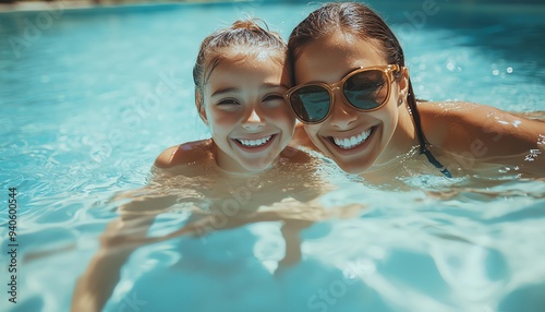 Smiling mother and daughter swimming during their summer vacation holiday, capturing the happiness and fun of their time together in a sunny pool