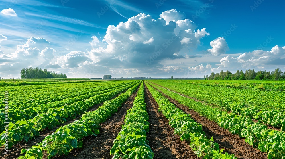 Gorgeous countryside scenery with verdant rows of tubers and produce on a spring or summer agricultural plot and lovely azure cloudy sky in the backdrop. Gorgeous countryside scenery with verdant rows of tubers and produce on a spring or summer agricultural plot and lovely azure cloudy sky in the backdrop.