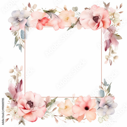 Handpainted watercolor frame with blooming flowers