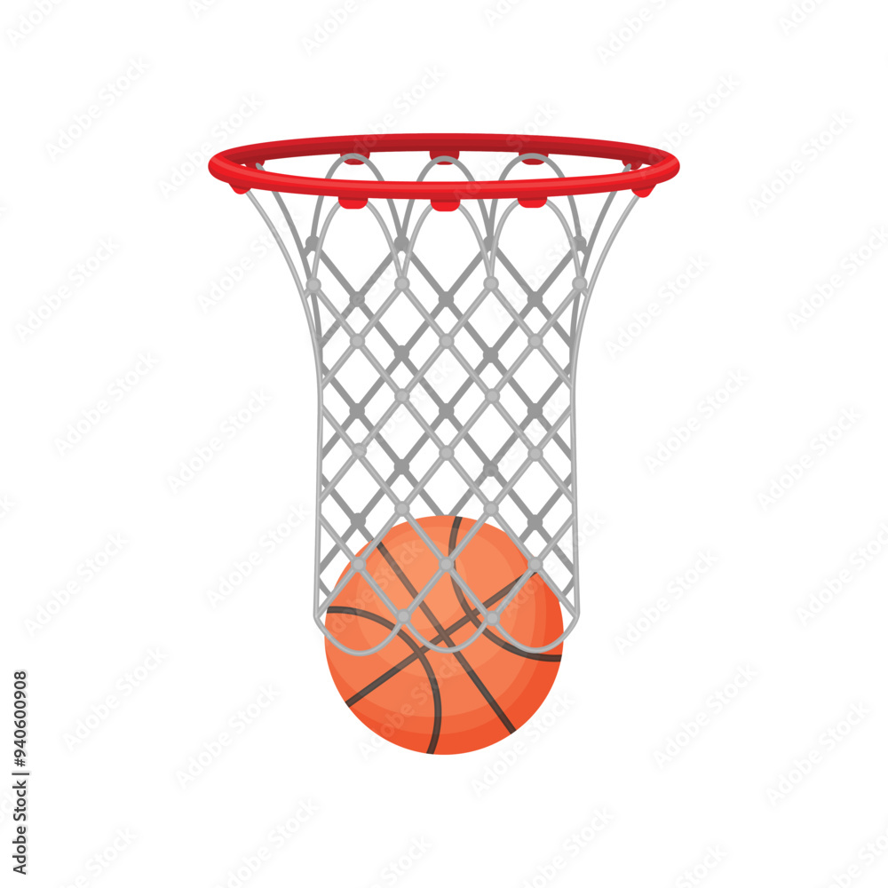 A basketball and a basketball basket. The ball is in the basketball basket. Sports equipment for playing basketball. Vector illustration. A basketball and a basketball basket. The ball is in the basketball basket. Sports equipment for playing basketball. Vector illustration.