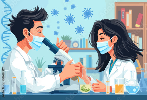 Scientist and colleague collaborating in a lab setting with a focus on health and safety measures