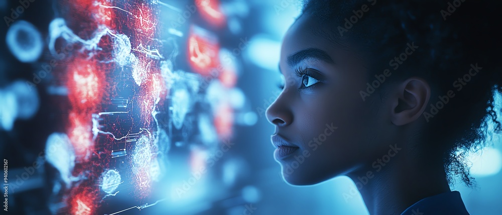 Young Black trainee doctor or nurse studying AI medical scans with a futuristic holographic artificial intelligence hologram of the human body Young Black trainee doctor or nurse studying AI medical scans with a futuristic holographic artificial intelligence hologram of the human body