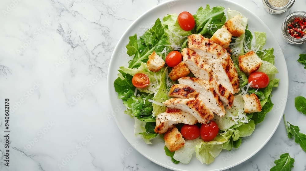 Healthy grilled chicken Caesar salad on white plate with toppings. Healthy grilled chicken Caesar salad on white plate with toppings.