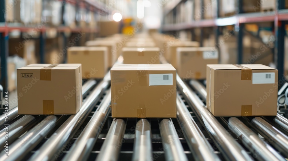 Boxes on conveyor ready to ship by courier. Boxes on conveyor ready to ship by courier.