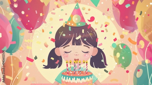 Birthday girl celebrating with cake and balloons.