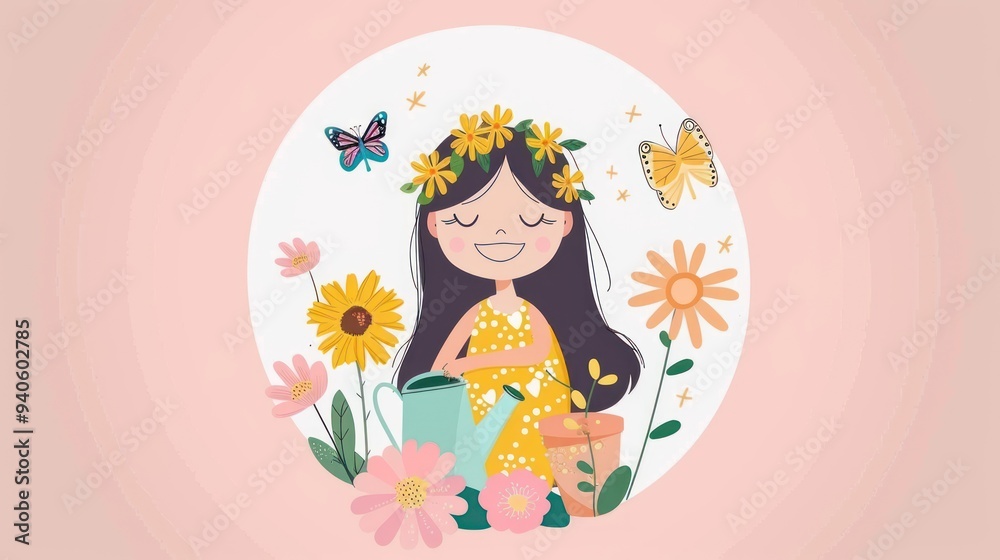 Cute girl watering flowers with a watering can. Cute girl watering flowers with a watering can.