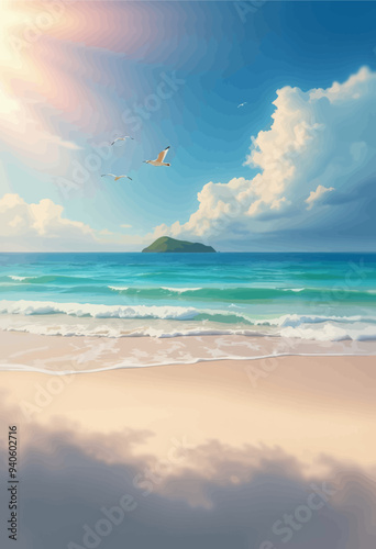 Serene Ocean View with Seagulls and Clouds