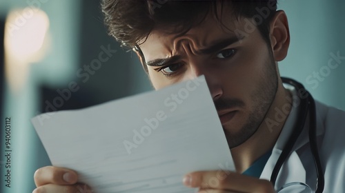 Doctor holds paper, stethoscope around neck, face hidden. photo