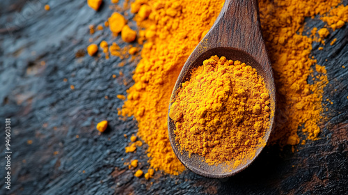 A spoonful of yellow powder is on a wooden table photo