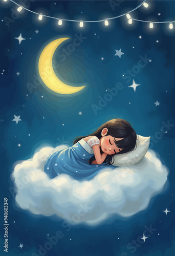 Sleeping Girl Dreaming Under the Moon and Stars