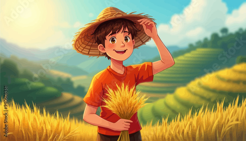 Smiling Boy in Straw Hat Holding Basket of Wheat in Sunlit Field