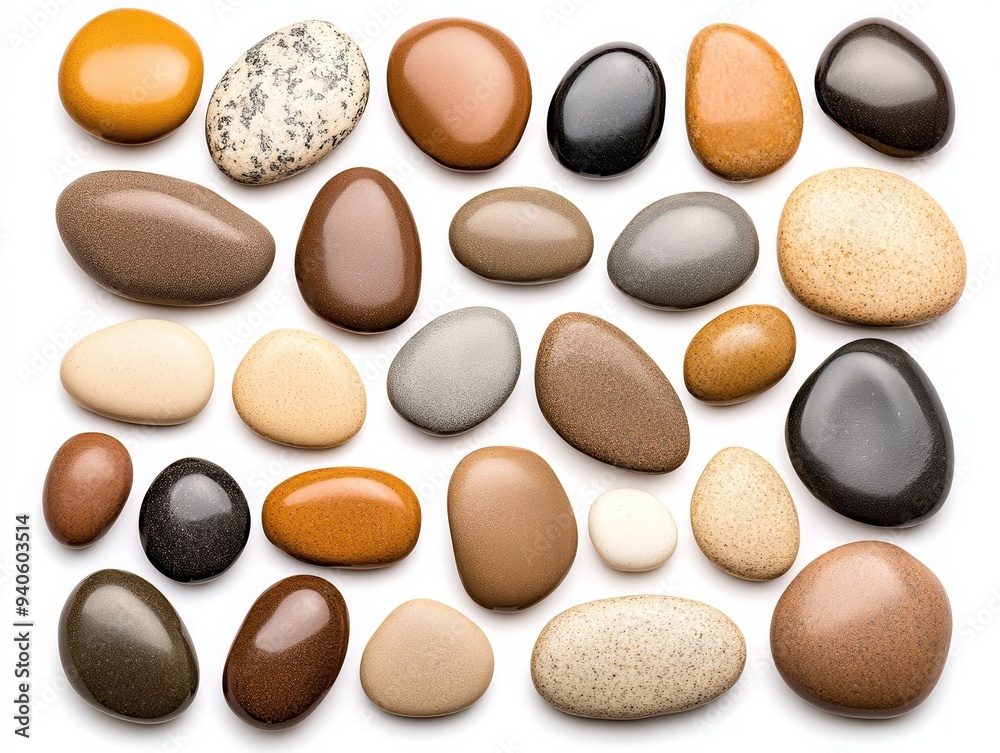 A collection of smooth, colorful pebbles of various shapes and sizes, arranged on a white background. Perfect for nature or zen-themed projects.