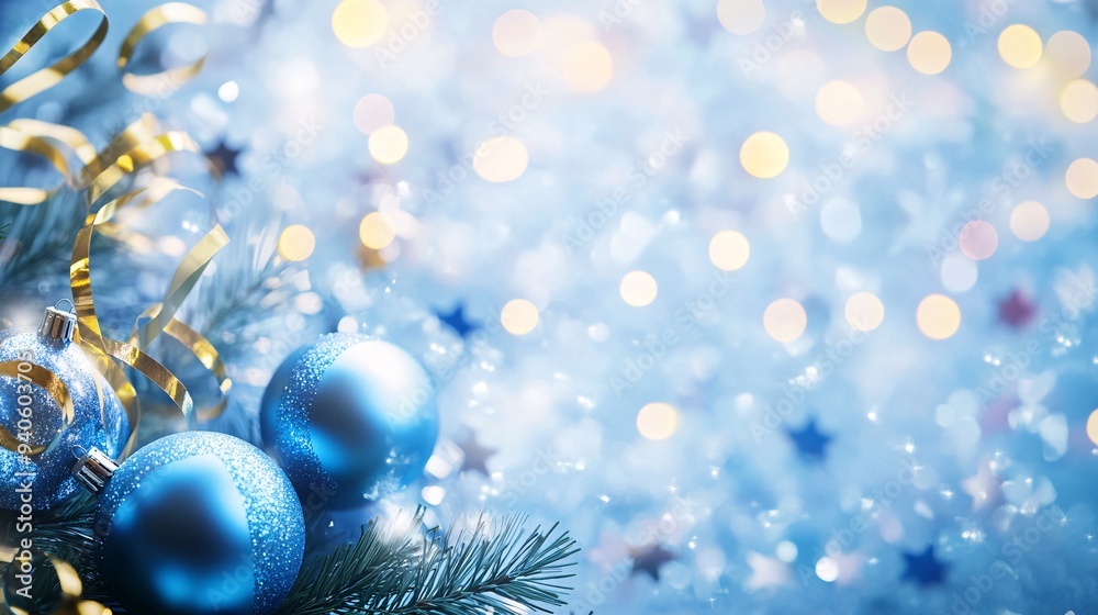A festive display of blue Christmas ornaments on a sparkling background, perfect for holiday celebrations and winter themes. A festive display of blue Christmas ornaments on a sparkling background, perfect for holiday celebrations and winter themes.
