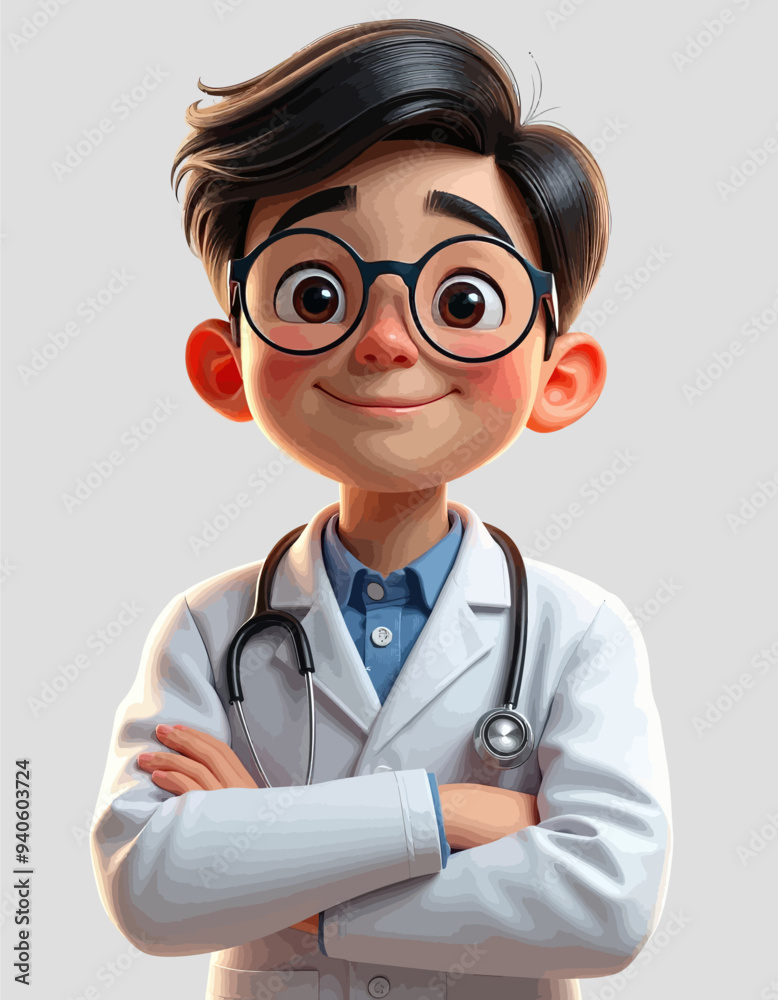Smiling Doctor in White Coat with Stethoscope, Standing with Arms Crossed Smiling Doctor in White Coat with Stethoscope, Standing with Arms Crossed