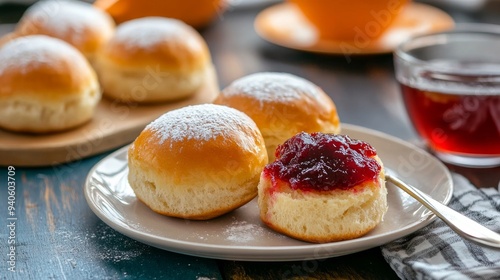 Fresh buns with jam and tea