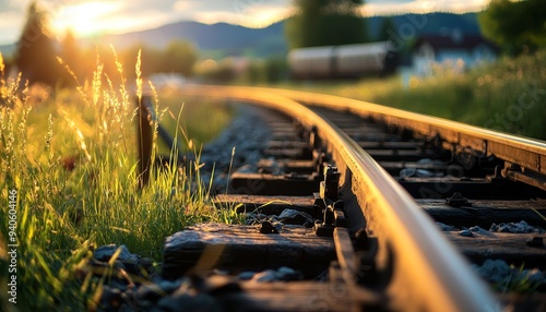 A tranquil scene capturing the golden sunset along a railway track, framed by lush greenery and distant mountains.