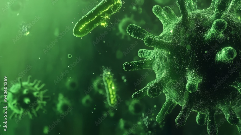 Animated Microscopic View of Bacteria Cells and Virus in Green Background for Healthcare and Medical Use Generative AI Animated Microscopic View of Bacteria Cells and Virus in Green Background for Healthcare and Medical Use Generative AI