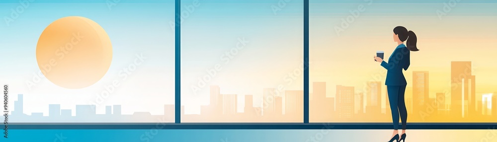 Businesswoman in suit drinking coffee while looking at sunrise through office window overlooking cityscape.