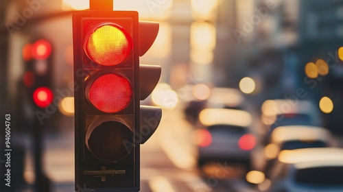 A vibrant red traffic light signals cars to stop during sunset, capturing the essence of urban life and road safety. photo