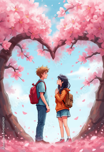 Springtime Romance: A Couple's Heartfelt Moment Amidst a Blossoming Tree