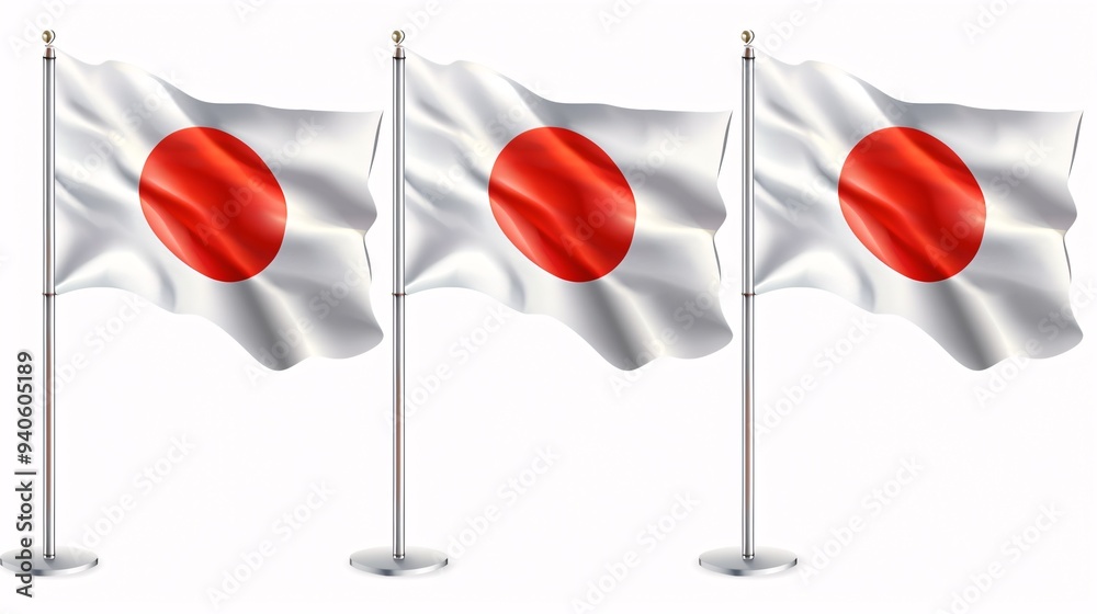 A 3D flag design of Japan waving on a flagpole, with realistic movement and isolated on a white background. A 3D flag design of Japan waving on a flagpole, with realistic movement and isolated on a white background.
