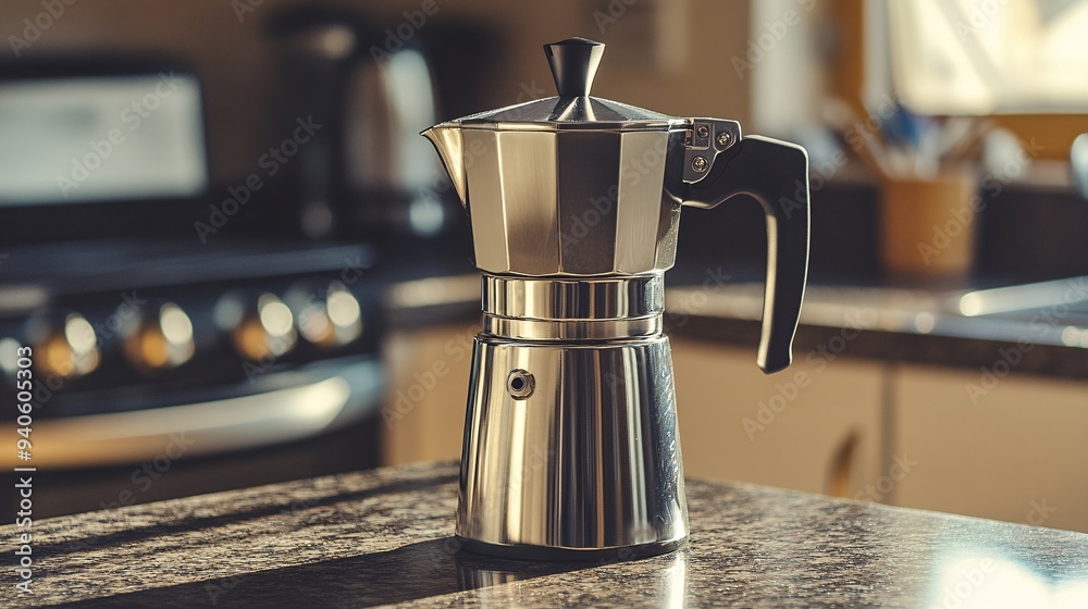 Classic stovetop espresso maker on a kitchen countertop, perfect for brewing rich coffee at home.