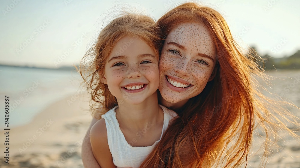 A joyful mother with auburn locks gives her adorable daughter a piggyback ride on the shore, both beaming and adorned with freckles. A joyful mother with auburn locks gives her adorable daughter a piggyback ride on the shore, both beaming and adorned with freckles.