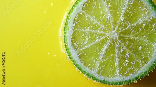 Oily lime slice against yellow