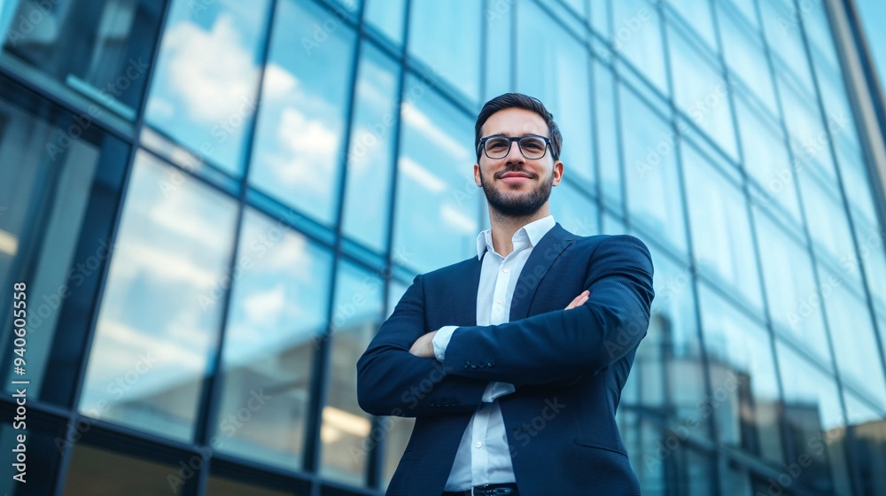 Confident professional standing in front of a modern office building, showcasing a stylish business look and a positive attitude. Confident professional standing in front of a modern office building, showcasing a stylish business look and a positive attitude.