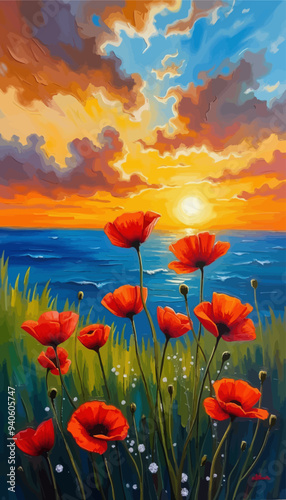 Sunset Serenade: A Field of Vibrant Red Poppies