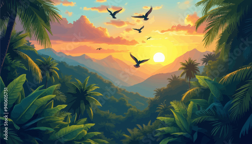 Sunset Serenade: Birds Soaring Over Tropical Paradise