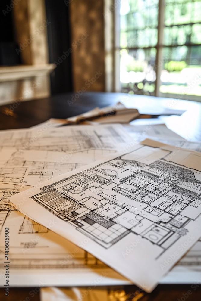 Detailed architectural blueprint on a table, showcasing interior design and layout for a modern building concept. Detailed architectural blueprint on a table, showcasing interior design and layout for a modern building concept.