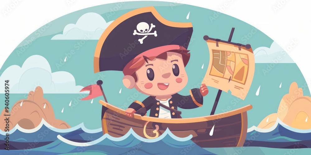 Naklejka premium Cartoon pirate on a boat in the rain.