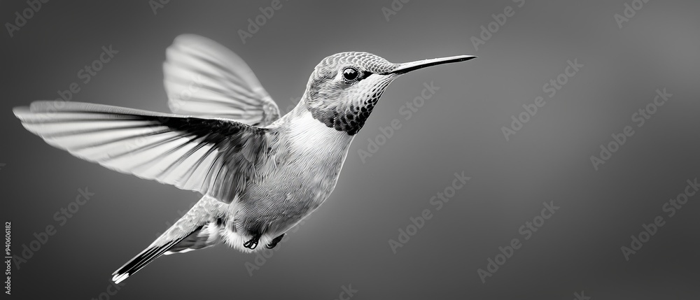 Fototapeta premium A black-and-white image of a hummingbird mid-flight, wings spread widely