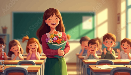 Teacher's Day Celebration: Happy Teacher Smiling at Students with Flower Bouquet