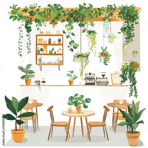 Cozy coffee shop interior with hanging plants and wooden furniture, creating a green and inviting atmosphere.