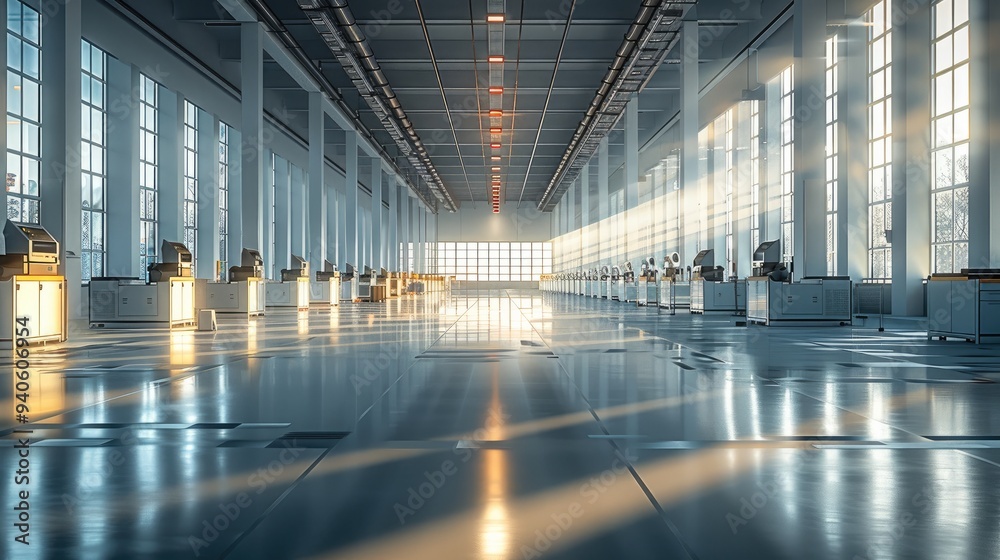 In a vast, gleaming battery handling factory, six-axis robots move with precision. Sunlight streams through large windows, casting long shadows on the polished floor. Generative AI. In a vast, gleaming battery handling factory, six-axis robots move with precision. Sunlight streams through large windows, casting long shadows on the polished floor. Generative AI.