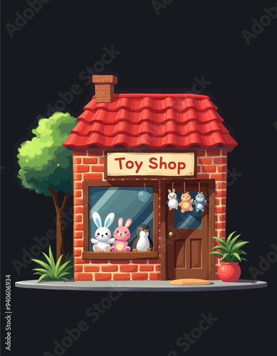 Toy Shop Window Display with Stuffed Animals and Penguin