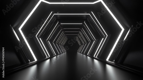 Futuristic Black Hexagonal Tunnel with White Neon Lights