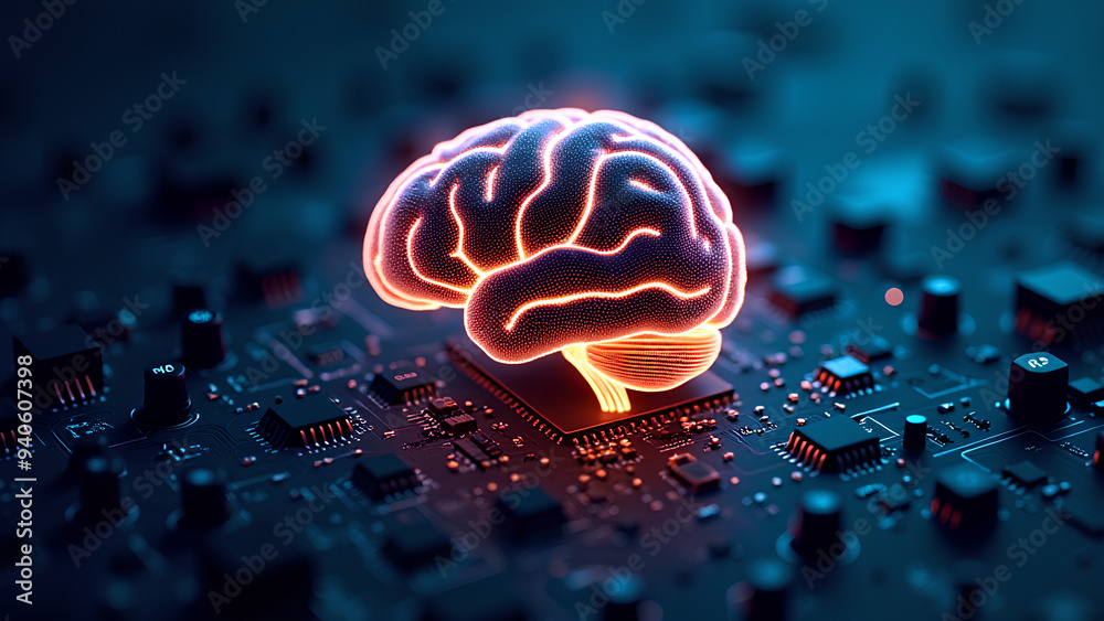 Concept of artificial intelligence with a digital brain on a circuit board Concept of artificial intelligence with a digital brain on a circuit board