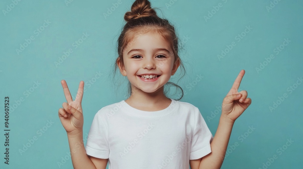 Smiling girl shows peace gesture. Smiling girl shows peace gesture.