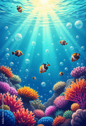Underwater Paradise: Colorful Coral Reef with School of Clownfish