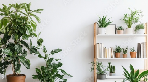 Modern living room interior with houseplants and bookshelf near white wall Generative AI