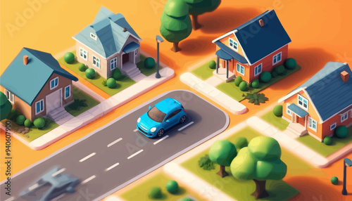 Vibrant 3D Rendering of a Suburban Neighborhood with Blue Car and Trees