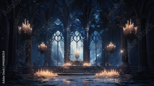 A mystical dark castle interior illuminated by candles, featuring ornate architecture and an ethereal atmosphere.