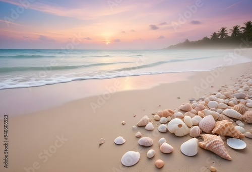 tropical beach background in early morning light with mist rising off the water, soft pastel colors in the sky, and seashells scattered on the sand