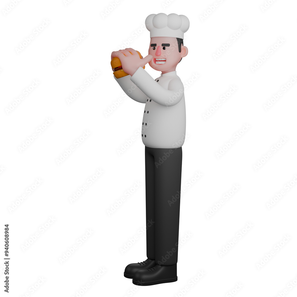 3D Male Chef Character in Action. A chef is taking a bite of a small burger with a happy expression. Professional 3D Male Chef Character in Action. A chef is taking a bite of a small burger with a happy expression. Professional
