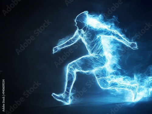 Dynamic Digital Illustration of Runner Silhouette with Blue Electric Energy on Dark Background
