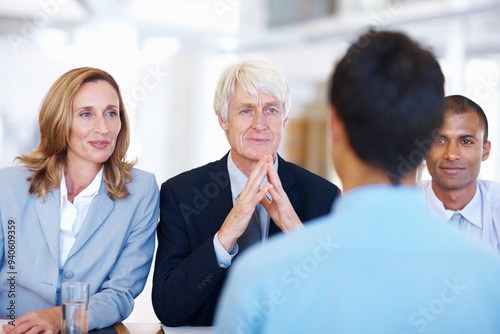 Φωτογραφία Listening, business people and job seeker in office for interview, questions and hiring process for corporate